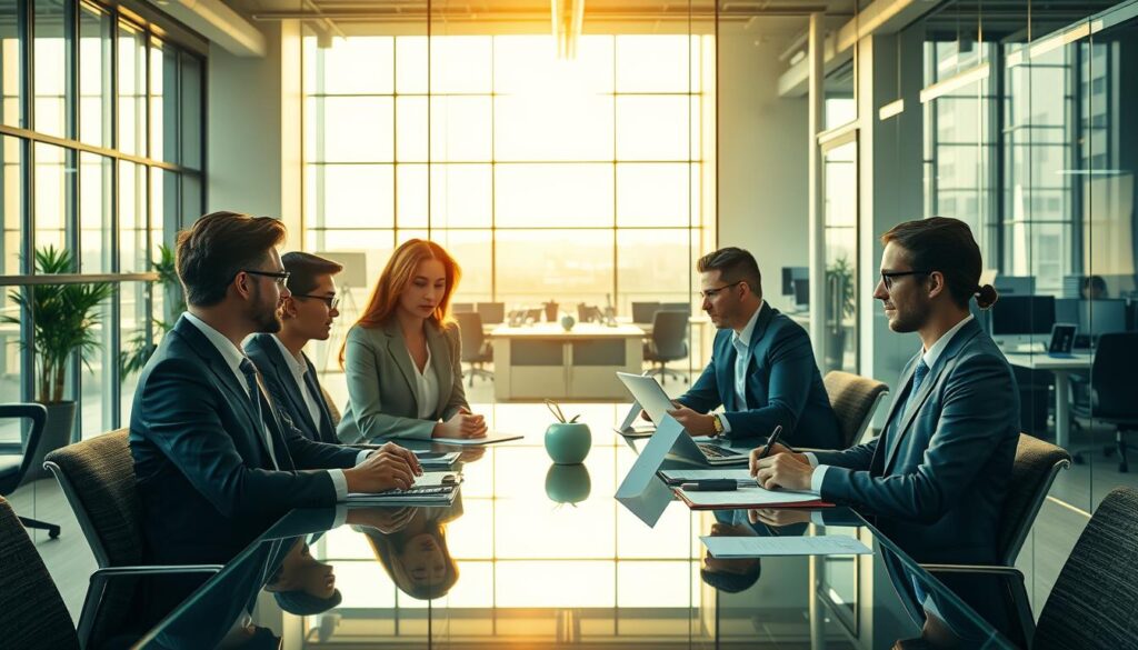 A bustling corporate office, bathed in warm, natural lighting from large windows. At the center, a sleek glass-walled conference room where a Talent Leverage recruitment team conducts interviews with prospective nuclear engineers. Smartly dressed professionals review resumes and discuss specialized skills, their expressions focused and determined. In the background, a modern, minimalist workspace with desks and workstations, hinting at the company's expertise in matching top talent to critical nuclear energy roles. The overall atmosphere conveys a sense of precision, efficiency, and the vital importance of finding the right people to power the future of nuclear technology.