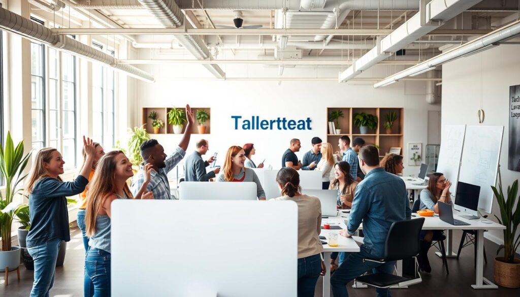 A bustling, modern marketing office with the Talent Leverage brand prominently displayed. Bright, natural lighting floods the space, illuminating a team of driven, enthusiastic marketers collaborating at standing desks and whiteboards. In the foreground, a group celebrates a successful marketing campaign, smiles beaming, high-fiving and exchanging congratulations. The middle ground features a mix of employees deep in discussion, brainstorming new ideas. The background showcases an open, airy layout with potted plants, motivational wall art, and sleek, minimalist decor, conveying a sense of energy, innovation, and teamwork.