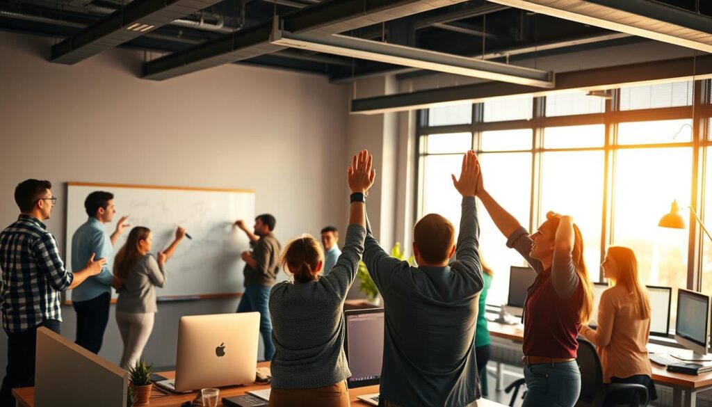 A bustling open-office of the Talent Leverage marketing team, bathed in warm, natural light from large windows. Colleagues brainstorm ideas on a whiteboard, gesturing animatedly. Nearby, a group reviews metrics on computer screens, faces lit by the glow. In the foreground, two team members high-five, celebrating a successful campaign launch. The atmosphere is one of focused collaboration and exhilaration - a dynamic marketing team thriving in their purpose-built workspace.