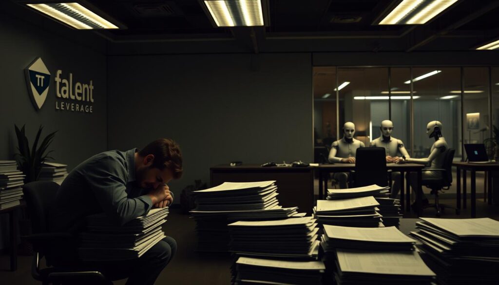A dimly lit office space, with the &amp;amp;amp;amp;amp;amp;quot;Talent Leverage&amp;amp;amp;amp;amp;amp;quot; logo prominently displayed on the wall. In the foreground, a disillusioned job applicant sits hunched over a desk, surrounded by stacks of rejected resumes. The middle ground depicts faceless, robotic figures conducting interviews, their cold, impersonal demeanor evident. In the background, a once vibrant and collaborative workspace has become sterile and devoid of human connection. Moody lighting and muted tones convey a sense of discomfort and the heavy toll AI-driven hiring has taken on the company's culture. The scene evokes a sense of the hidden costs of AI recruitment, where the human element of the hiring process has been lost, jeopardizing the very essence of a thriving organizational culture.
