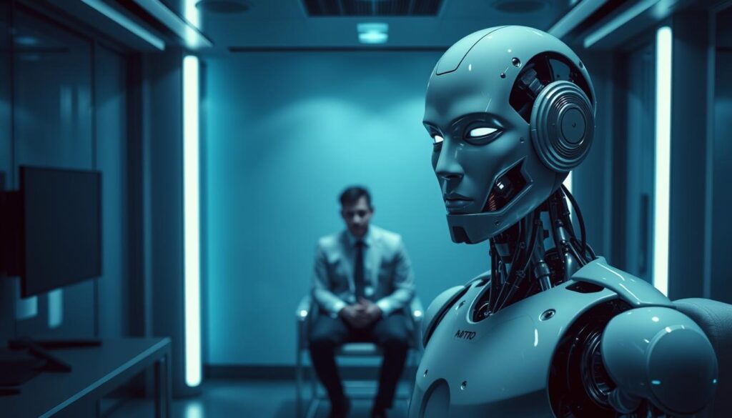 A modern executive office, dimly lit, with sleek chrome and glass furnishings. In the foreground, a cold, robotic figure representing &amp;amp;amp;amp;amp;amp;quot;Talent Leverage&amp;amp;amp;amp;amp;amp;quot; AI recruitment system, its unblinking eyes and rigid posture conveying an unsettling lack of human empathy. In the middle ground, a nervous job applicant, their expression reflecting unease and uncertainty. The background is hazy, suggesting a disconnect between the applicant and the impersonal, technology-driven hiring process. The scene is bathed in a clinical, bluish light, creating a somber, foreboding atmosphere that hints at the potential downsides of over-reliance on AI in hiring.