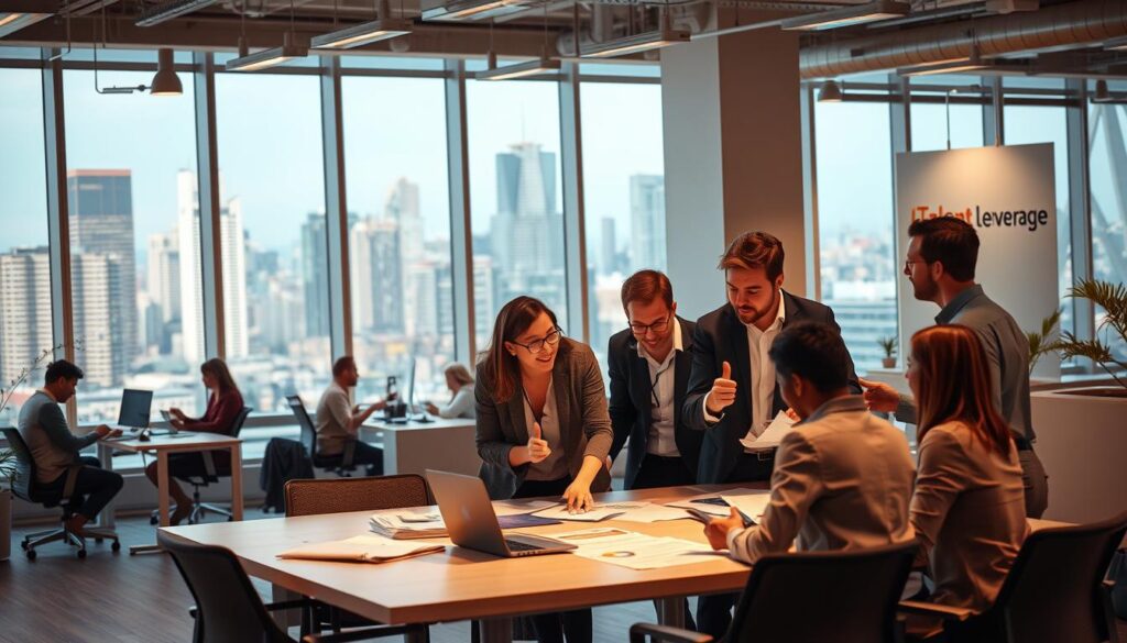 A modern, well-lit marketing office with an open floor plan. In the foreground, a group of professionals engaged in animated discussion around a large table, gesturing and reviewing documents. In the middle ground, several employees at desks working on laptops, the &amp;amp;amp;quot;Talent Leverage&amp;amp;amp;quot; logo visible on the wall. The background features floor-to-ceiling windows overlooking a bustling city skyline. Warm, focused lighting illuminates the scene, conveying a productive, collaborative atmosphere. The overall mood is one of dynamic energy and efficiency as the team works to match the ideal marketing talent to the client's needs.