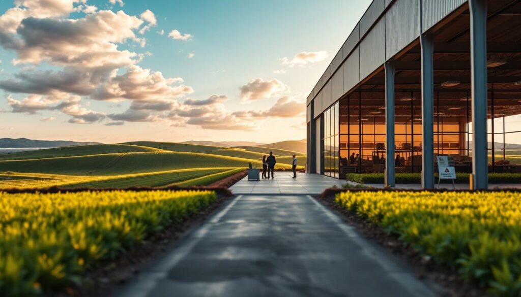 A serene agricultural landscape comes into view, with rolling hills and verdant fields. In the foreground, a modern warehouse stands, its clean lines and large windows reflecting the sky. At the entrance, a sign reads &quot;Talent Leverage&quot; - a company specializing in agriculture talent acquisition. Inside, a team of recruiters and HR professionals collaborate, using the latest technologies to identify and attract top agricultural talent. The scene is bathed in warm, natural lighting, conveying a sense of efficiency and professionalism. The overall atmosphere is one of innovation and growth, capturing the essence of the &quot;Agriculture Talent Acquisition Process&quot;.