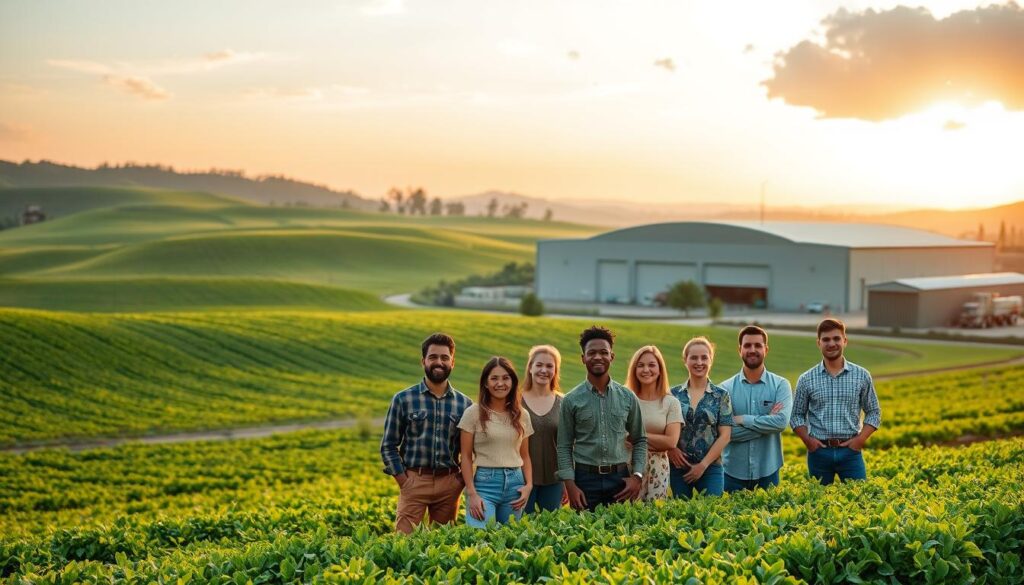 A tranquil farm landscape with rolling hills, verdant fields, and a modern warehouse in the background. The sky is bathed in warm, golden light, casting a serene glow over the scene. In the foreground, a group of diverse, hardworking individuals proudly stand, representing the &quot;Talent Leverage&quot; agriculture employer brand. Their expressions convey a sense of purpose, dedication, and pride in their work. The composition is balanced, with the farm and warehouse elements complementing each other, showcasing the seamless integration of traditional and innovative agricultural practices.