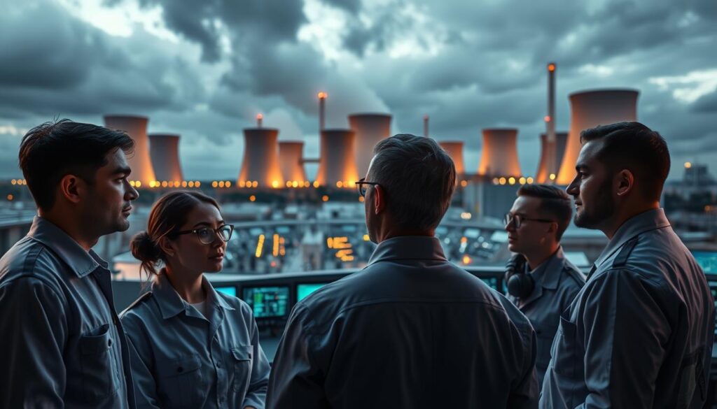 A vast nuclear power plant, its towering reactors silhouetted against a cloudy sky. In the foreground, a group of nuclear engineers in crisp uniforms, engaged in serious discussion, their faces lit by the glow of holographic displays. In the background, a state-of-the-art control room, where technicians monitor the intricate systems with unwavering focus. The scene is imbued with a sense of purpose and technical mastery, reflecting the vital roles these professionals play in the Talent Leverage team. Dramatic lighting and a cinematic angle capture the importance and gravity of the nuclear engineering profession.