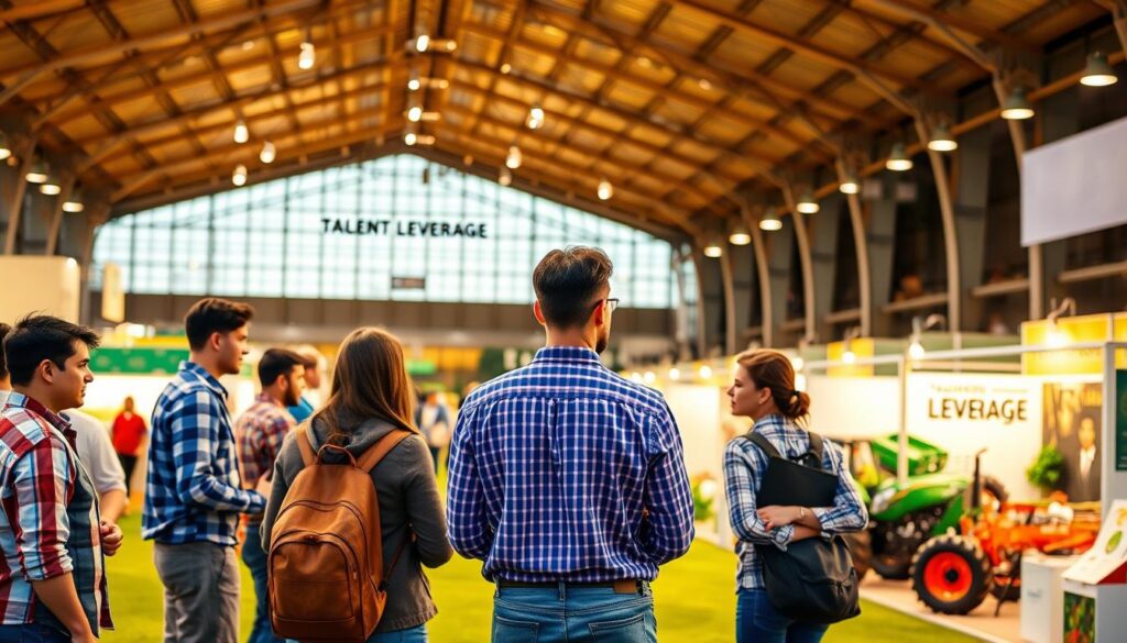 A vibrant outdoor scene of a modern agricultural recruitment fair, with a clean, well-lit exhibition hall in the background. In the foreground, prospective farm workers engage with representatives from the "Talent Leverage" recruitment agency, discussing job opportunities and career paths. Mid-ground features neatly organized stalls showcasing the latest farming equipment and technologies. The scene is bathed in warm, natural lighting, conveying a sense of productivity, opportunity, and the intersection of traditional agriculture and progressive talent management.