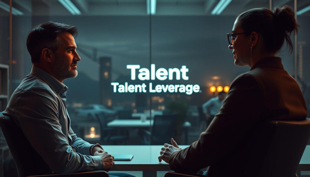 A visually striking image of emotional intelligence in recruitment, set in a professional office environment. In the foreground, a hiring manager sits across from a job candidate, their expressions conveying a thoughtful, empathetic exchange. The middle ground features the &amp;amp;amp;amp;amp;amp;quot;Talent Leverage&amp;amp;amp;amp;amp;amp;quot; brand prominently, hinting at the importance of human-centric hiring. The background depicts a dimly lit, futuristic landscape, suggesting the encroachment of impersonal AI-driven recruitment processes. Soft, warm lighting creates a contemplative mood, highlighting the value of interpersonal connection in the hiring process. The overall composition conveys the message that emotional intelligence remains essential, even as technological advancements shape the future of hiring.