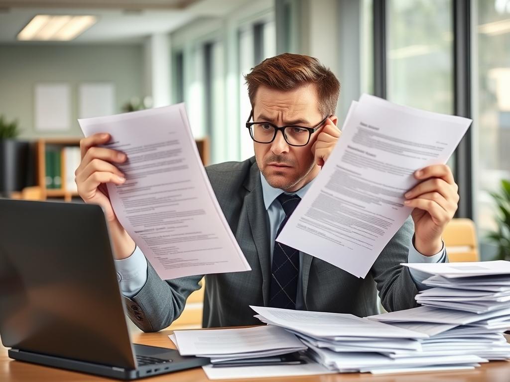 Frustrated HR manager looking at job applications with limited results
