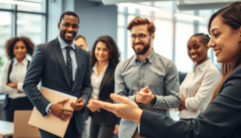 Generate an image of a marketing recruitment firm with a team of experts in the background.
