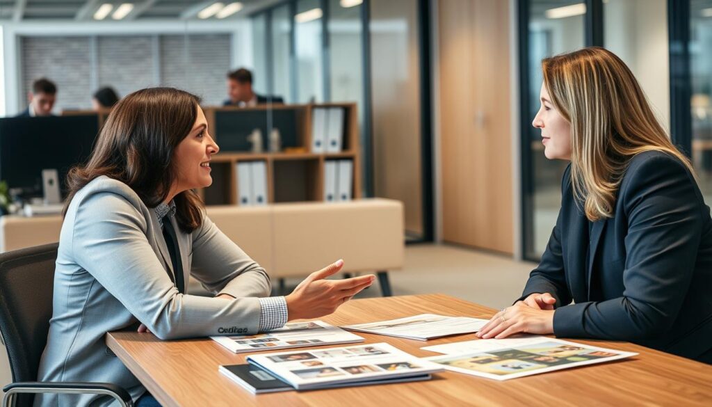 Generate an image of a professional marketing recruitment consultant working with a client.