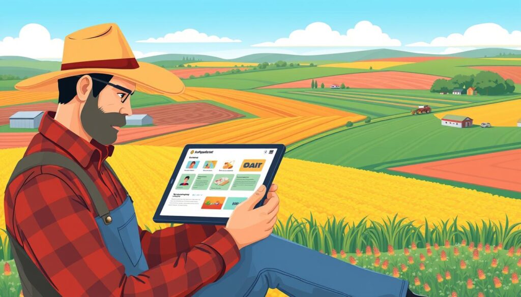 Image of a farmer using a tablet to access on-demand agriculture recruiting services