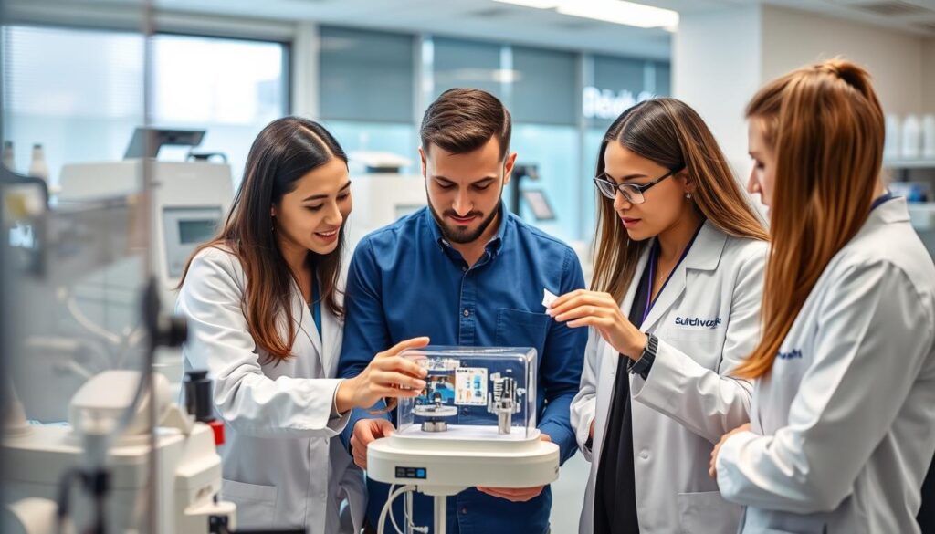Medical device professionals collaborating in a laboratory setting, representing successful placements by top medical device recruiters Medical device professionals collaborating in a laboratory setting, representing successful placements by top medical device recruiters