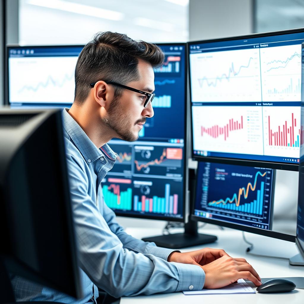 Professional analyzing complex market research data visualizations Professional analyzing complex market research data visualizations