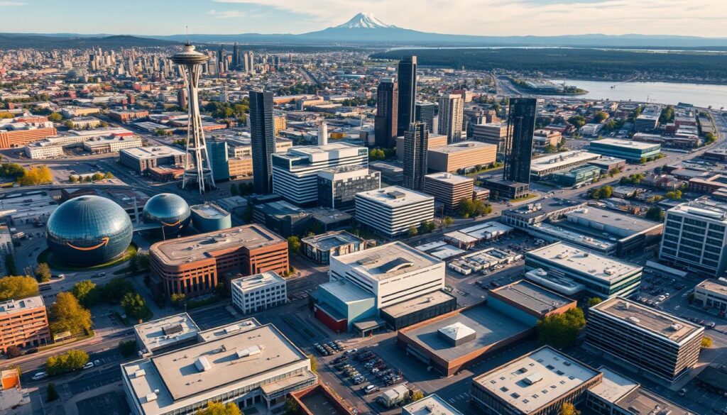 Seattle's diverse business landscape showing tech, manufacturing, and retail sectors Seattle's diverse business landscape showing tech, manufacturing, and retail sectors