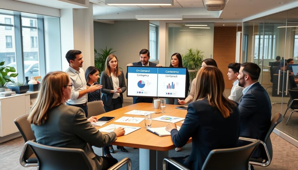 Talent Leverage consultants discussing flexible recruitment models with clients Talent Leverage consultants discussing flexible recruitment models with clients