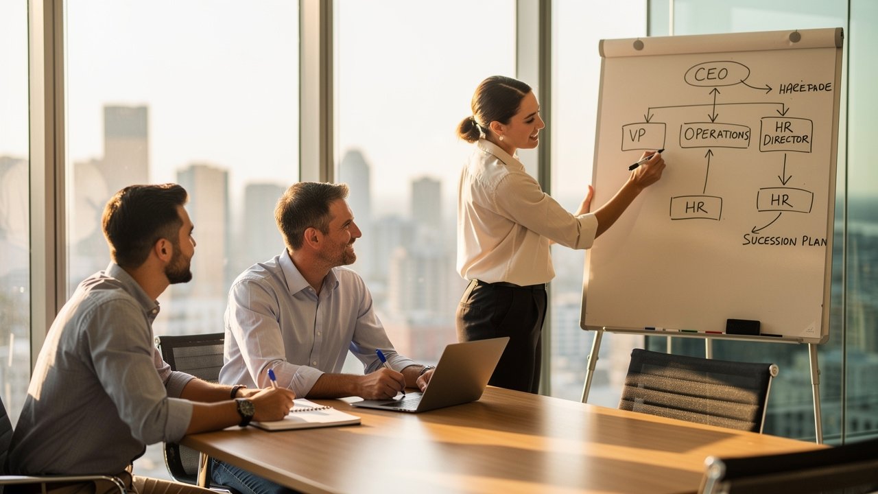 Security integration leadership team planning long-term talent strategy and succession